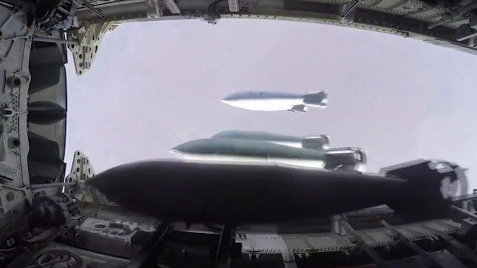 Video footage released by the Russian Defence Ministry on 14 August 2016 purportedly showing a Russian TU-22M3 dropping bombs on targets in Deir al-Zour, Syria