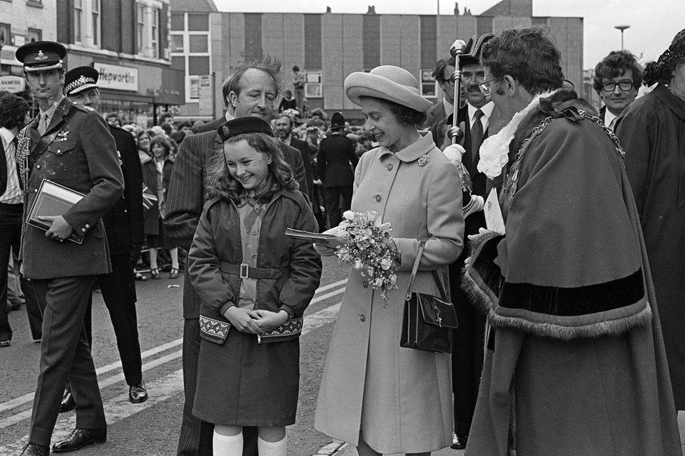 Queen Elizabeth II visits Stockton Town Centre during her Silver Jubilee tour, 14 July 1977