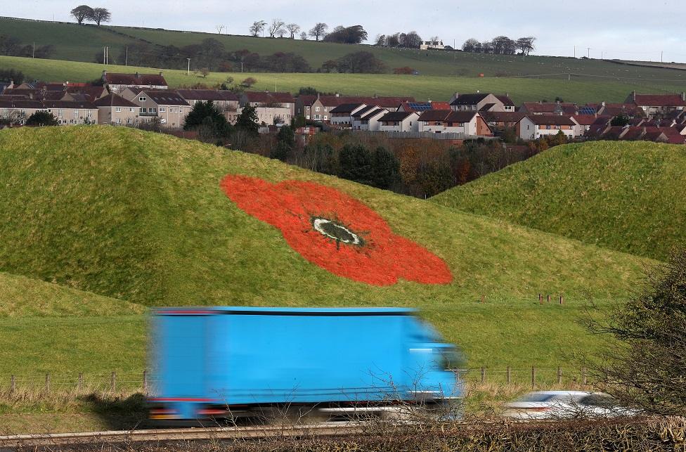 Giant poppies painted on the side of the Bathgate Pyramids next to the M8