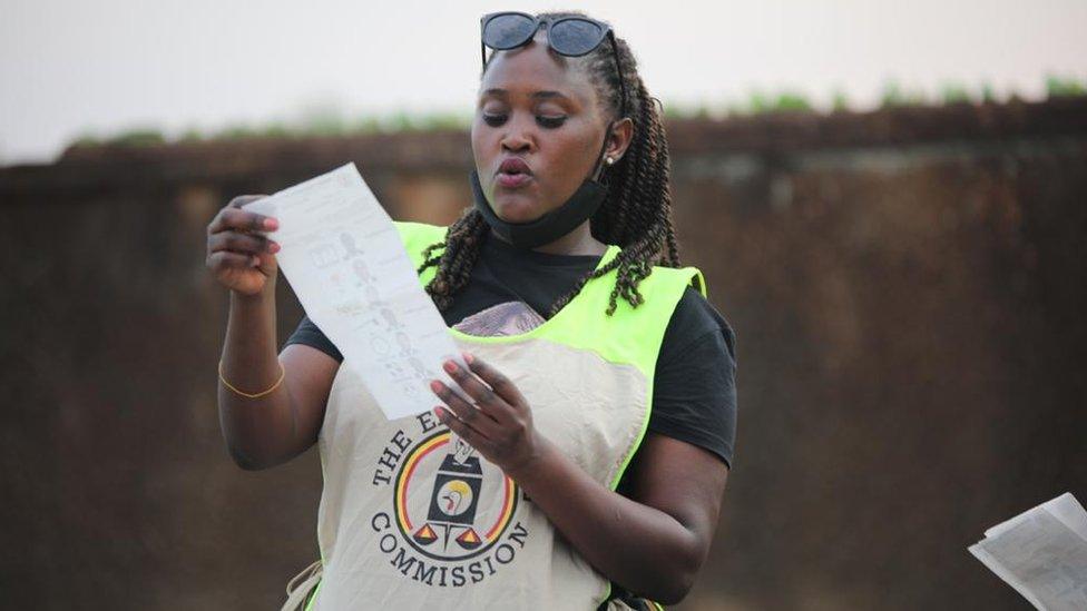 An electoral official reading out a result in Kampala, Uganda - 14 January 2021