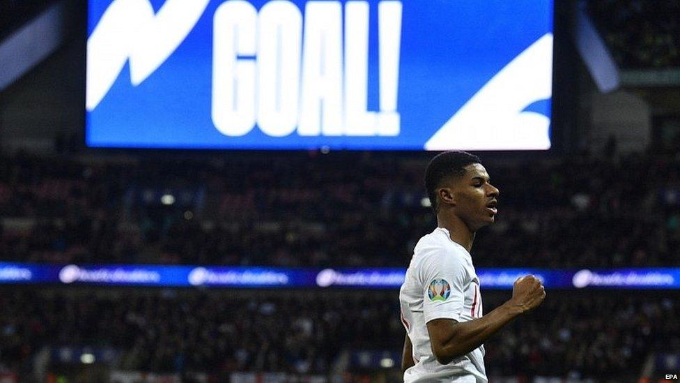 Marcus Rashford after scoring a goal for England in 2019