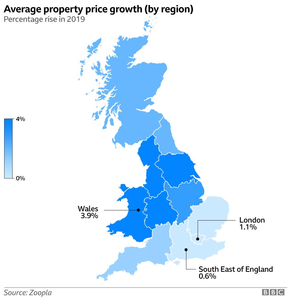 map of Britain showing house price differences