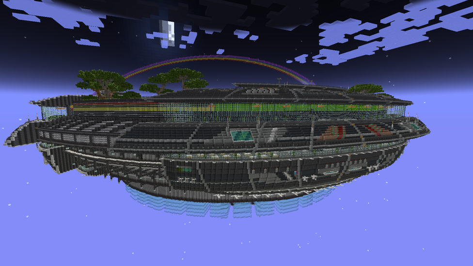 The virtual Minecraft stadium suspended in space