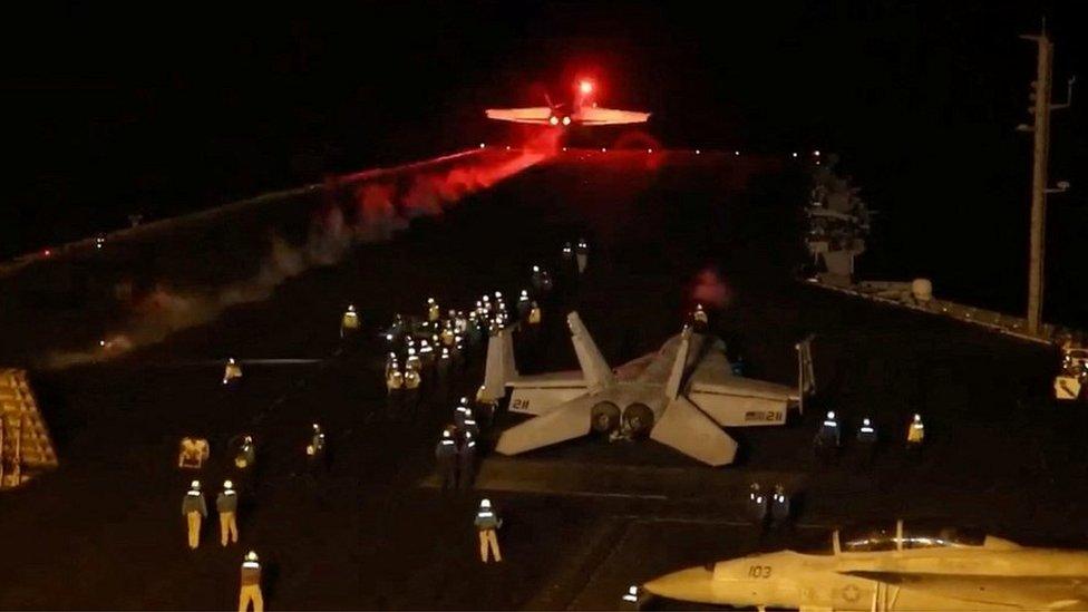 US jets flying from aircraft carrier to attack Houthi targets in Yemen, 12 Jan 24