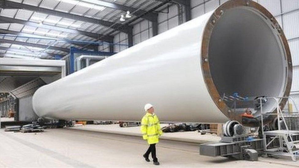 A wind turbine tower in the Mabey Bridge factory