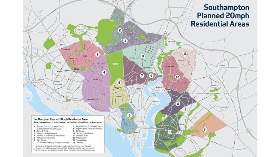 A map of the areas of Southampton set for 20mph speed limits on residential roads