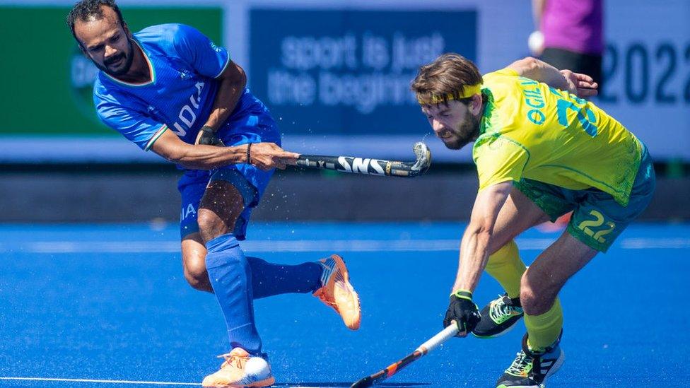 Lalit Kumar Upadhyay #14 of India defended by Flynn Ogilvie #22 of Australia during the Australia v India, Men's Hockey, Gold Medal match at Birmingham University during the Birmingham 2022 Commonwealth Games on August 8, 2022, in Birmingham, England.