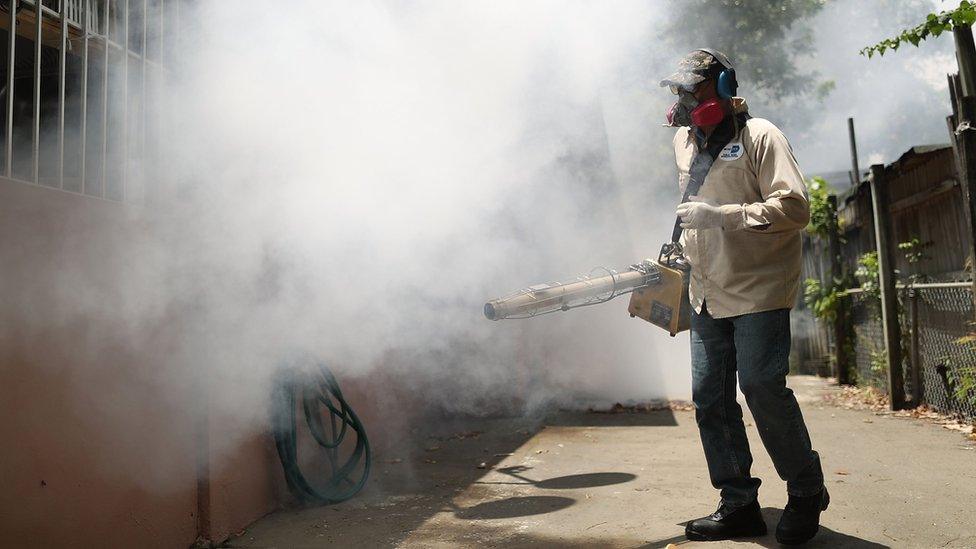 Carlos Varas, a Miami-Dade County mosquito control inspector, uses a Golden Eagle blower to spray pesticide to kill mosquitoes in the Wynwood neighbourhood as the county fights to control the Zika virus outbreak