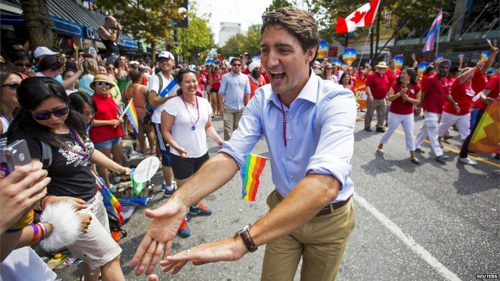 Justin Trudeau, leader of the Liberal Party of Canada, marches in the 37th Annual Vancouver Pride Parade in Vancouver, British Columbia on 2 August 2015