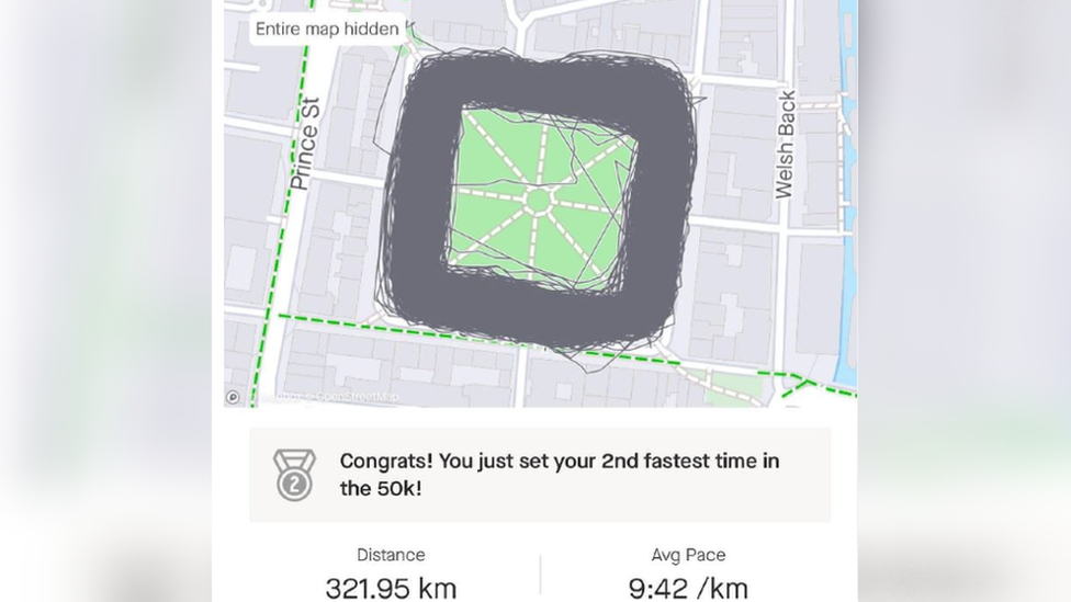 Strava map of Queens Square in Bristol showing lots of lines from his run