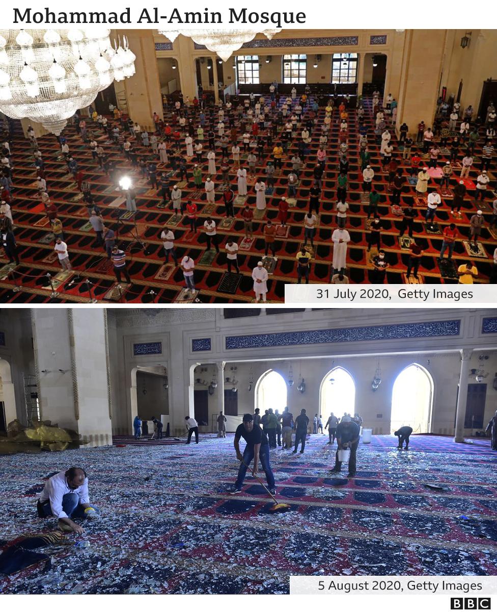 A view of the damage at Mohammad Al-Amin Mosque after damage, 5 August 2020