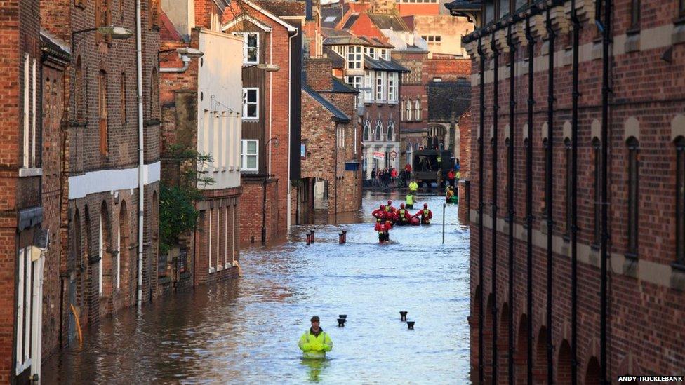 Emergency services waist-deep in floodwater in Skeldergate, York