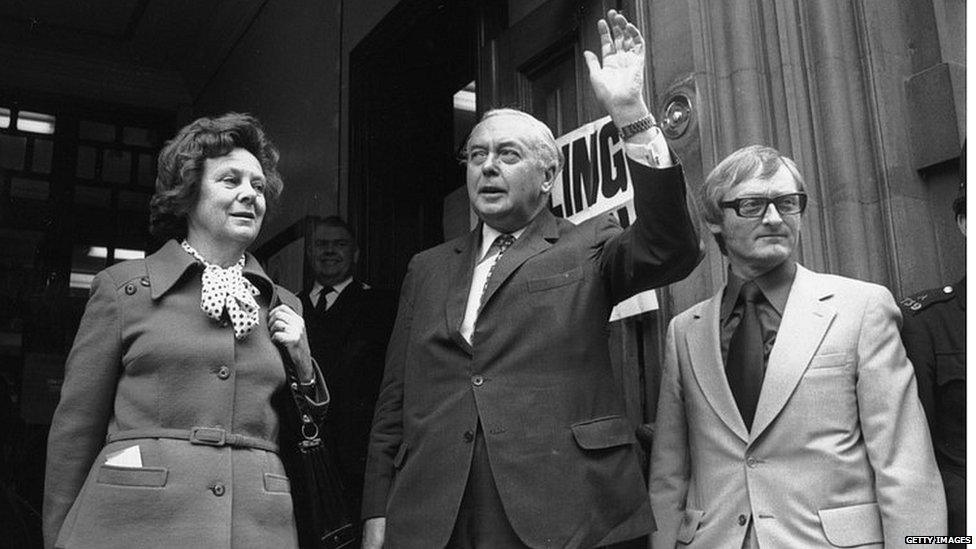 Harold Wilson and his wife Mary outside a polling station on the day of the 1975 Common Market referendum