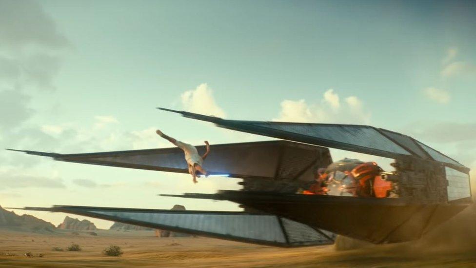 Rey leaps over a low-flying ship in the Rise of Skywalker