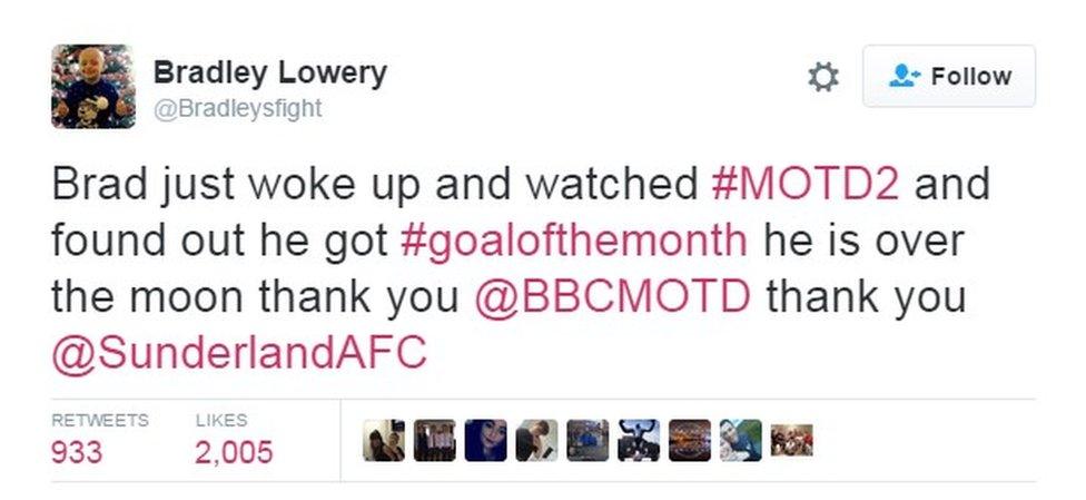 Tweet describing Bradley Lowery's joy at being named joint-winner of the Goal of the Month competition