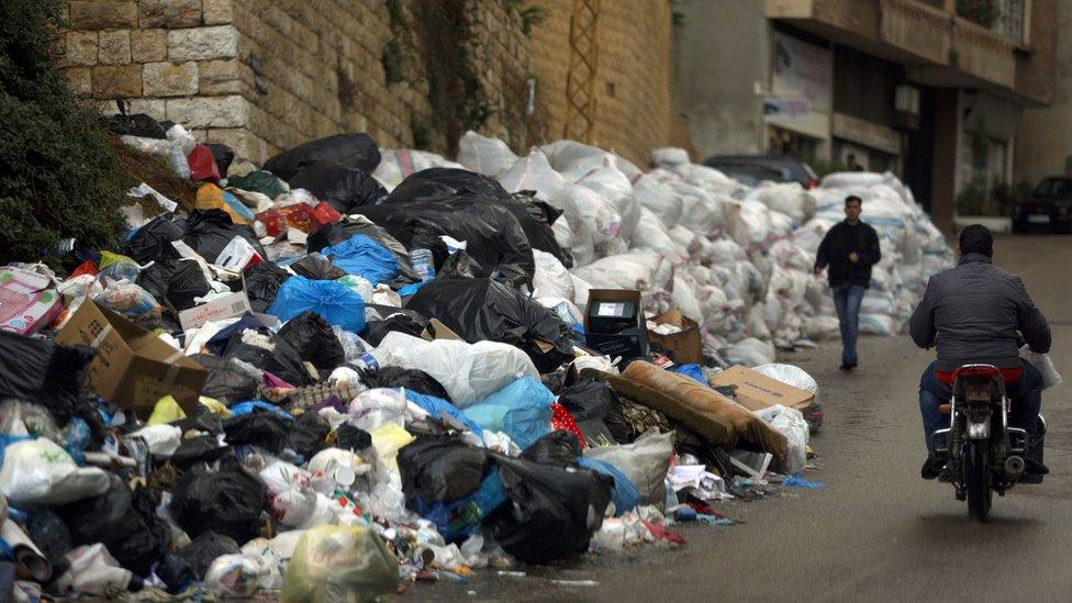 Rubbish piled up on street in Jdeideh, north-east of Beirut, on December 31, 2015