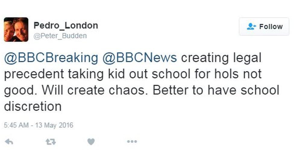 @BBCBreaking @BBCNews creating legal precedent taking kid out school for hols not good. Will create chaos. Better to have school discretion