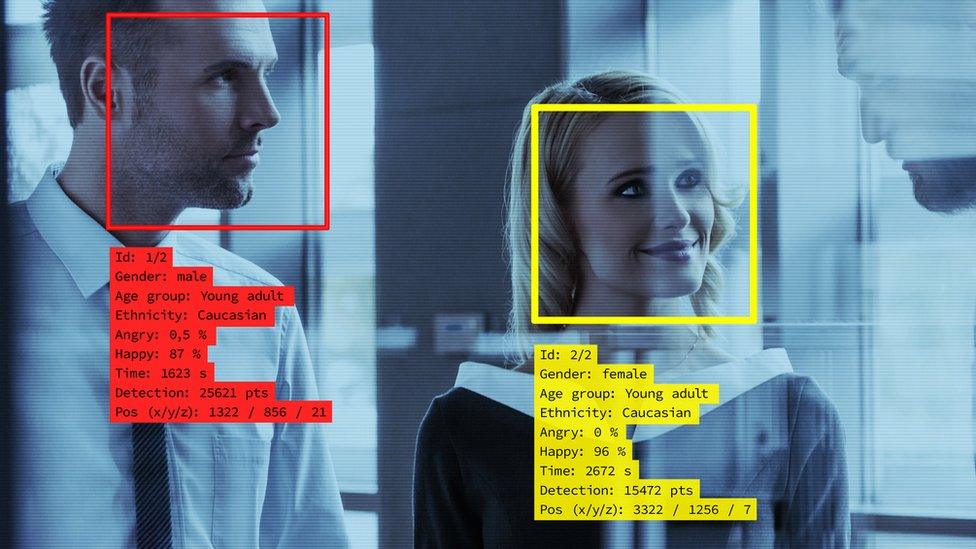 Concept graphic showing a man and a woman detected by facial recognition software