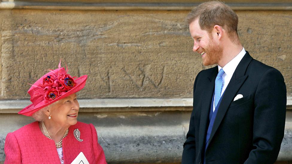 Queen Elizabeth II speaks with Prince Harry, Duke of Sussex as they leave after the wedding of Lady Gabriella Windsor to Thomas Kingston at St George's Chapel, Windsor Castle on May 18, 2019 in Windsor, England.