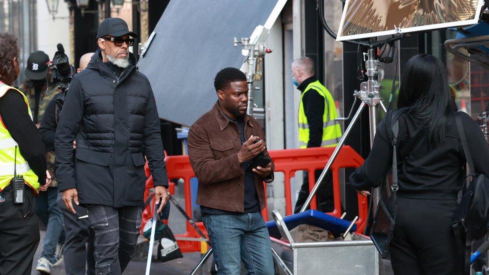 US comedian Kevin Hart (centre) on set outside Belfast's Crown Bar last month