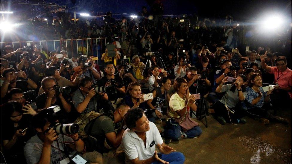 Journalists outside the Thai caves July 2018