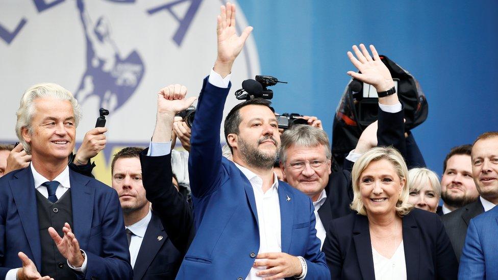 Geert Wilders, leader of Dutch party PVV (Party for Freedom), Italy"s Deputy Prime Minister Matteo Salvini, Marine Le Pen, leader of French National Rally party attend a major rally of European nationalist and far-right parties ahead of EU parliamentary elections in Milan, Italy May 18, 2019