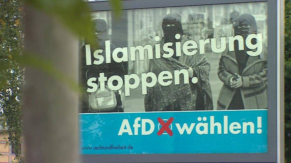 An election campaign poster of the right-wing, populist Alternative for Germany (AfD) political party reads: 'Stop Islamisation. Vote AfD!' on September 18, 2017 in Berlin, Germany