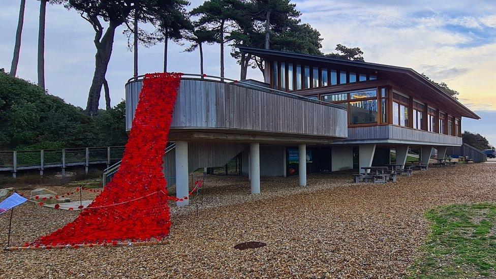 Crocheted poppies display at Lepe beach