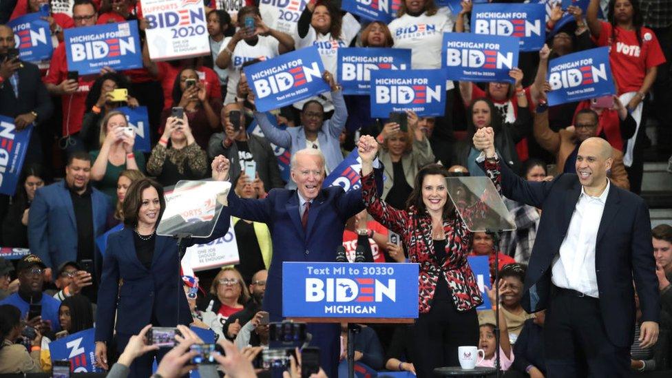 Joe Biden, Kamala Harris, Gretchen Whitmer and Cory Booker at a Joe Biden rally