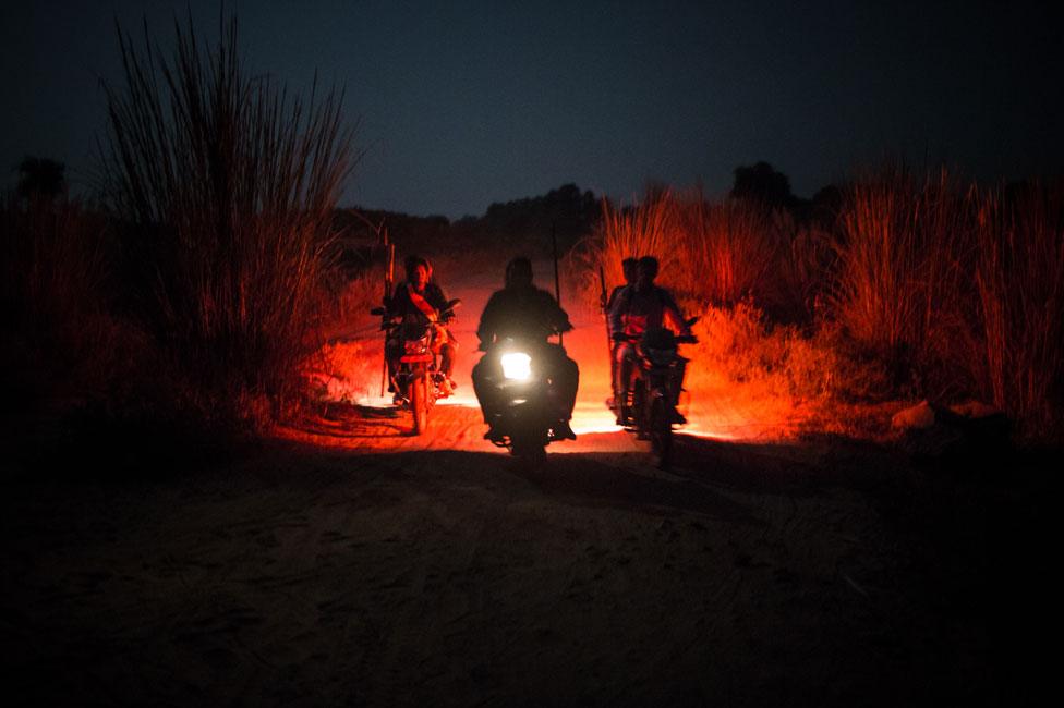 Cow vigilantes on motorbikes in Yadavnagar, Rajasthan