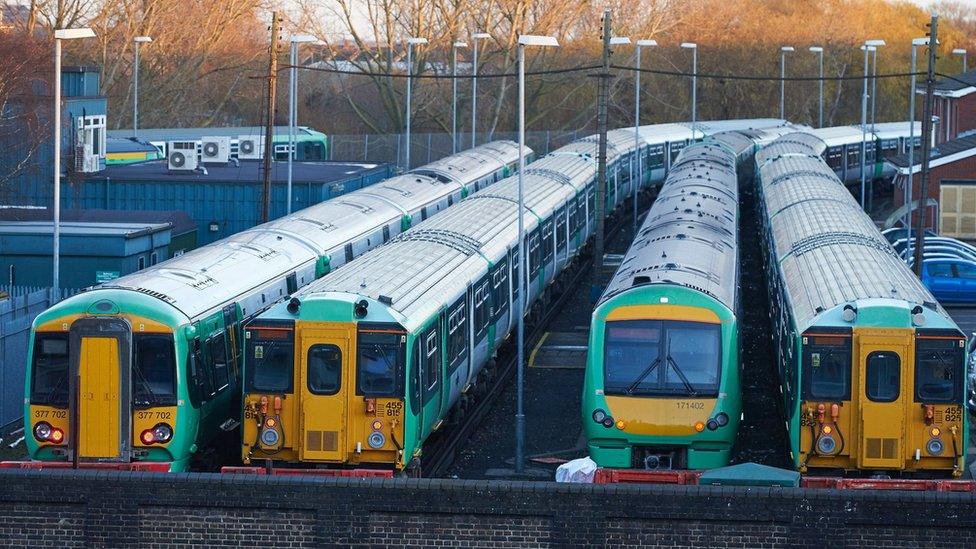 Trains parked in a depot during the strike