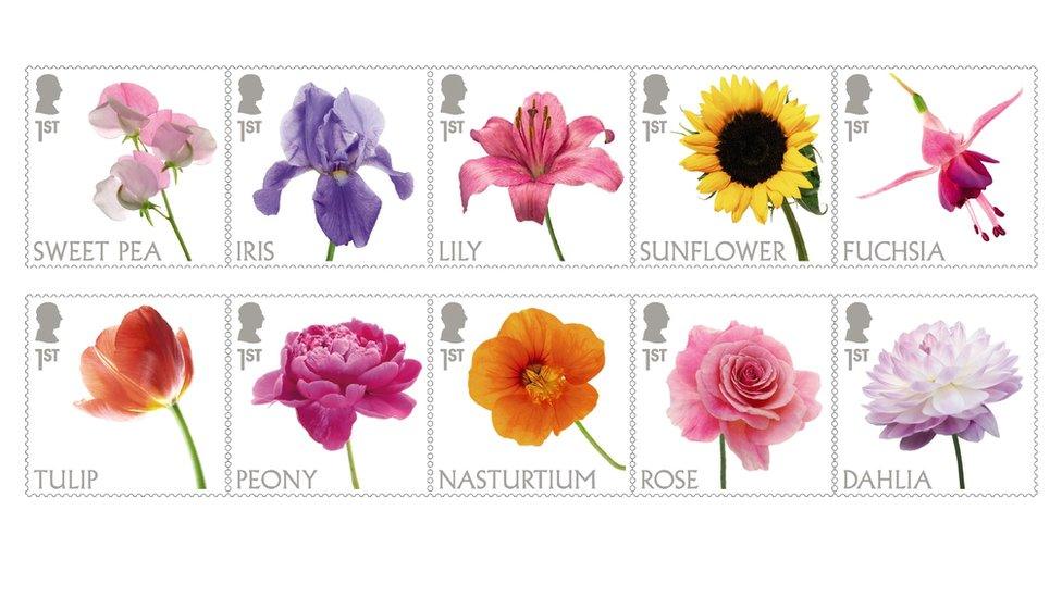 ten stamps with flowers on them and king's silhouette in the top corner