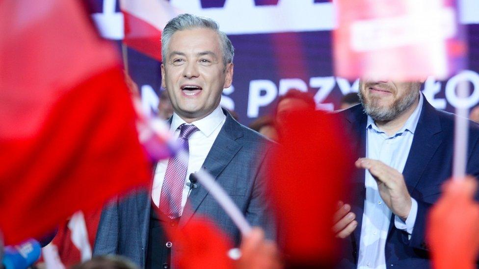 Robert Biedron of the Lewica coalition celebrates with supporters on October 13, 2019 in Warsaw, Poland