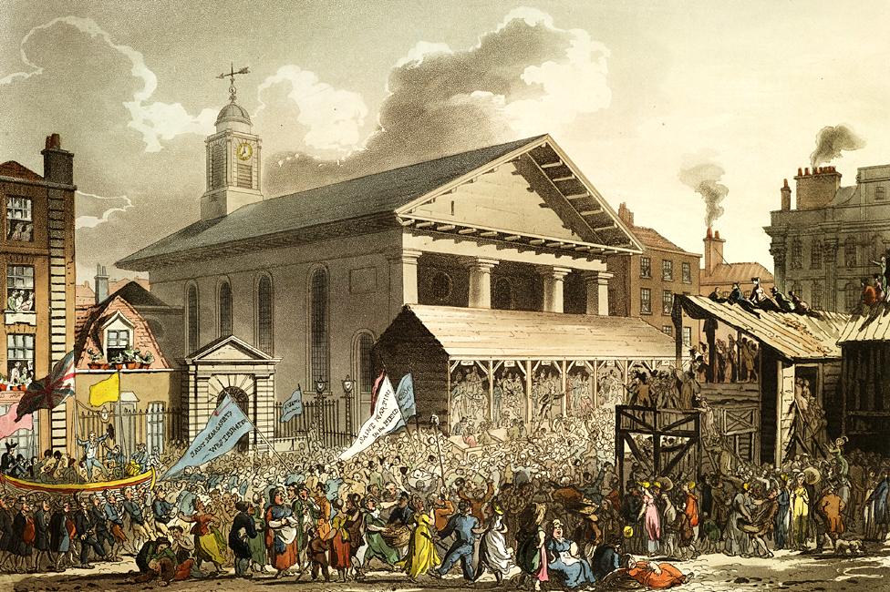 St Paul's Church in Covent Garden, London - depicted during election hustings in the piazza (artwork by Augustus Pugin)