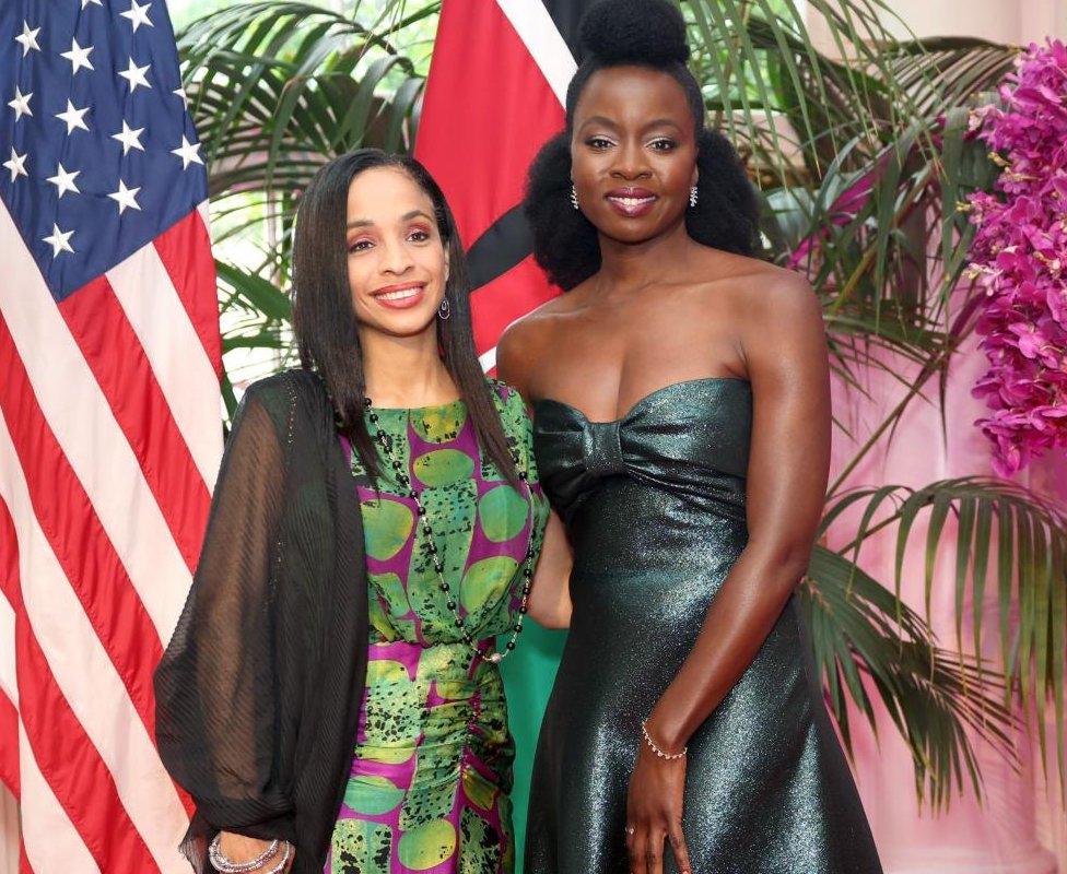 Actress Danai Gurira (R) and Ndidi Okonkwo Nwuneli (L) arrive to attend a state dinner in honour of Kenya's president,