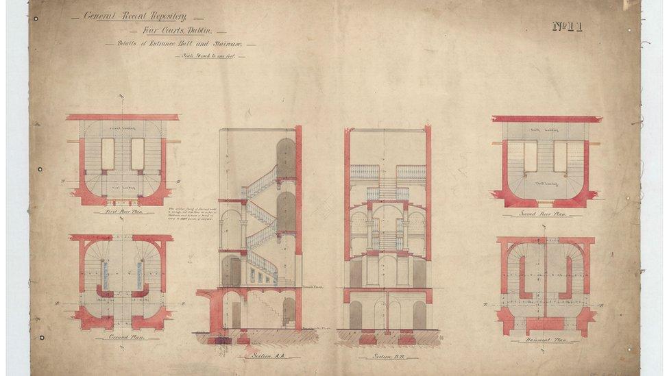 Original architectural drawings of entrance hall and staircase in the record house, 1864