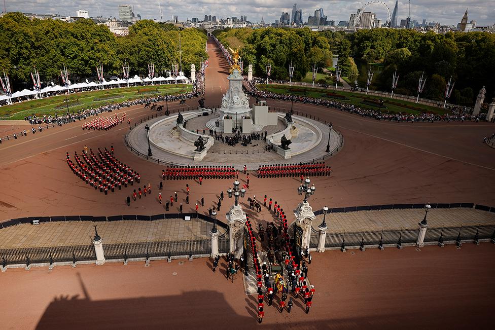 King Charles III and members of the royal family behind Queen Elizabeth II's flag-draped coffin as it is taken in procession on a Gun Carriage of The King's Troop Royal Horse Artillery from Buckingham Palace to Westminster Hall on 14 September 2022