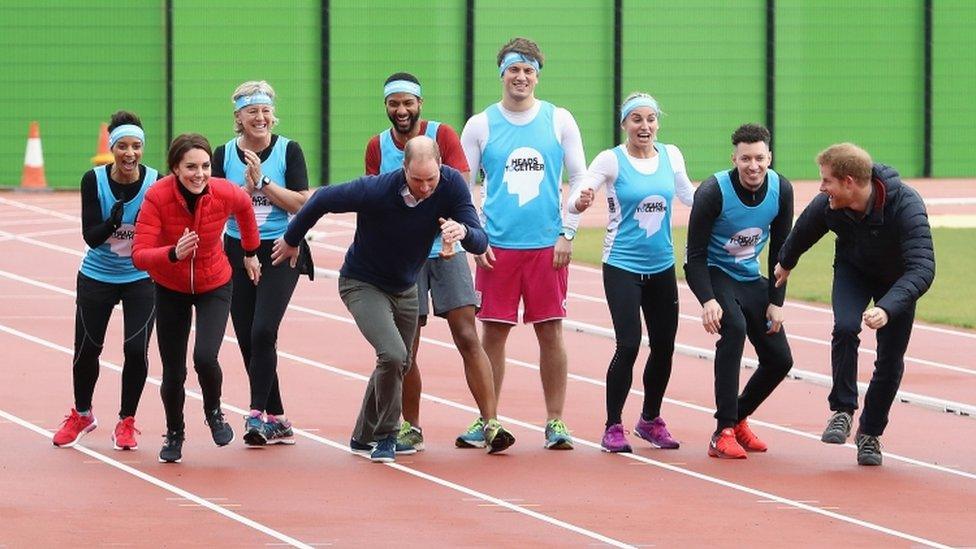 The Duke and Duchess of Cambridge and Prince Harry race during the Team Heads Together London Marathon Training Day in February of this year