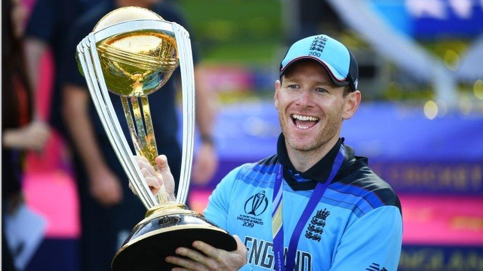 England Captain Eoin Morgan lifts the World Cup after victory for England during the Final of the ICC Cricket World Cup 2019 between New Zealand and England at Lord"s Cricket Ground on July 14, 2019