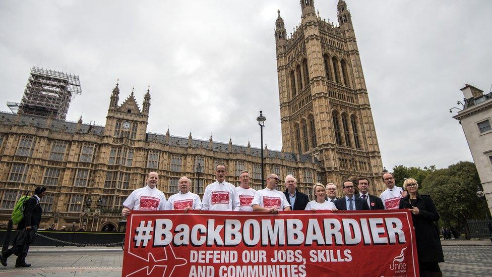 Bombardier demonstrators outside Parliament