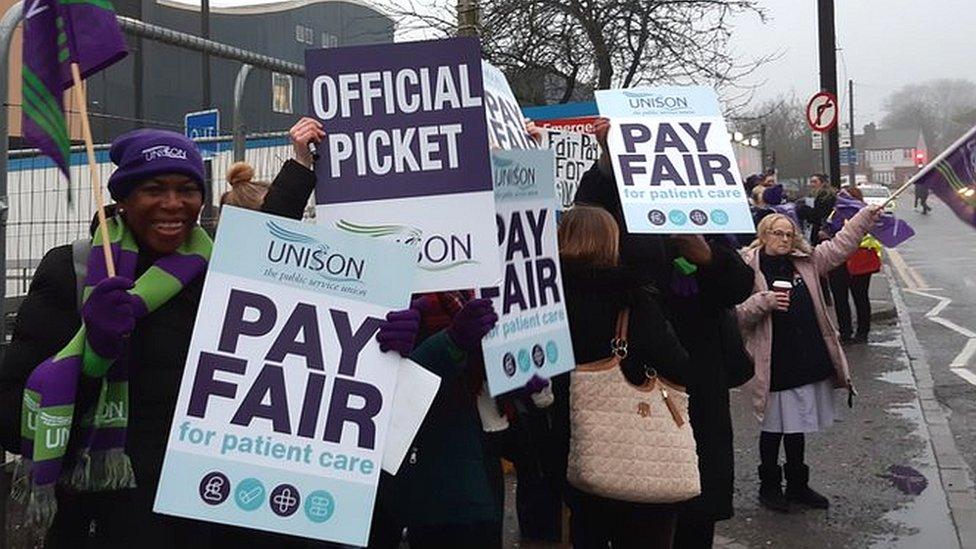 Striking hospital staff picketing Luton & Dunstable hospital