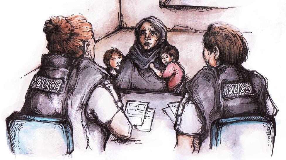 Illustration of a police interview with Aminah (not her real name) in the UK