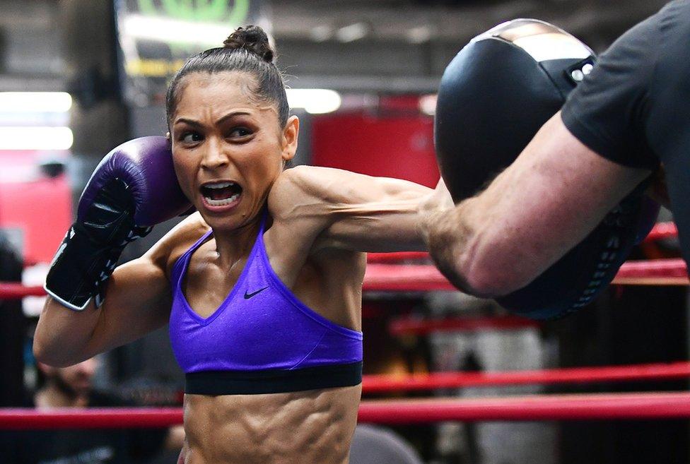 Louisa Hawton, of Australia, works out with her trainer at Gleason's Gym in New York. Hawton will take on Los Angeles native Lorraine Villalobos in a rematch for the Women's Interim WBC Straw-weight Championship on 7th December.