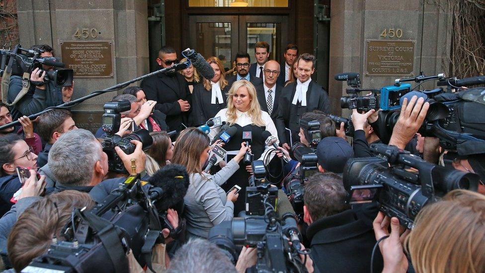 Australian actress Rebel Wilson speaks out the front of the Victorian Supreme Courton