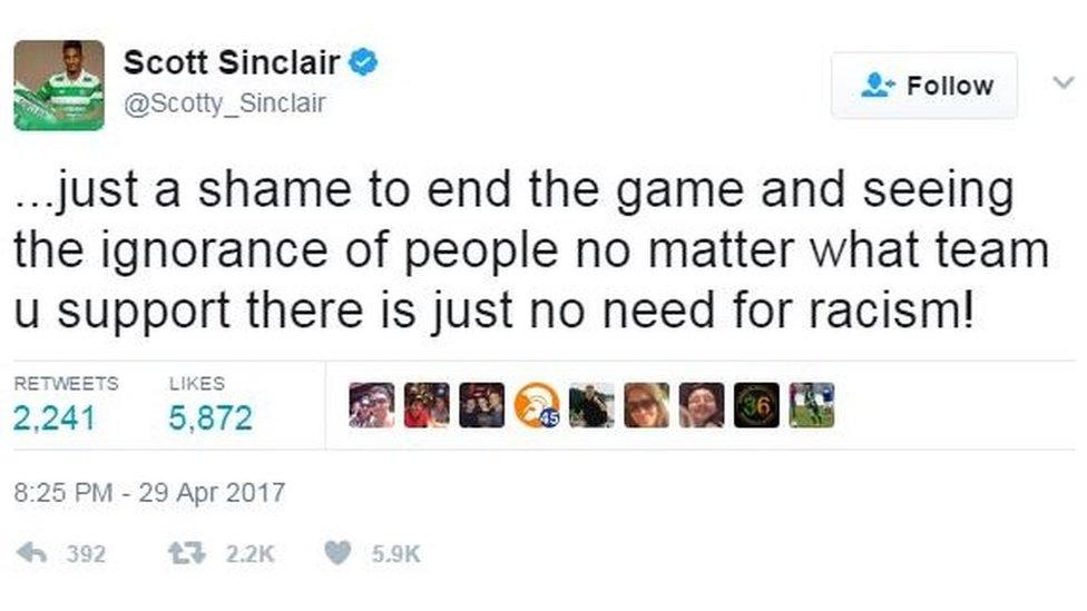 Tweet from Scott Sinclair: "...just a shame to end the game and seeing the ignorance of people no matter what team u support there is just no need for racism!"