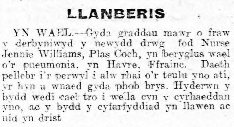 Cyfeiriad at salwch Jennie Williams yn Yr Herald ym mis Chwefror 1919