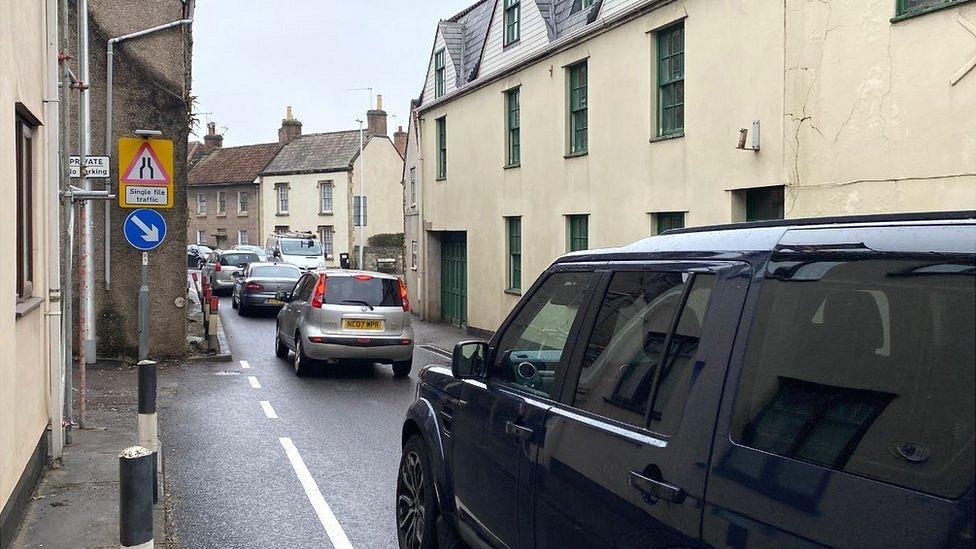 A congested street in Banwell in North Somerset