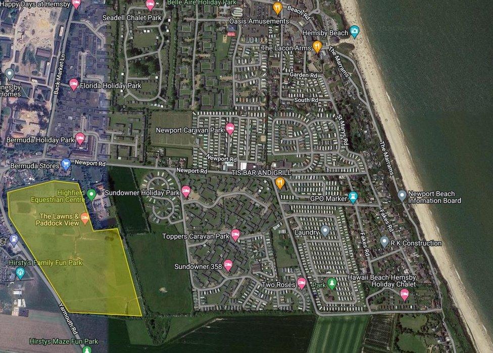 Area in yellow shows land set aside for homes to be rebuilt on