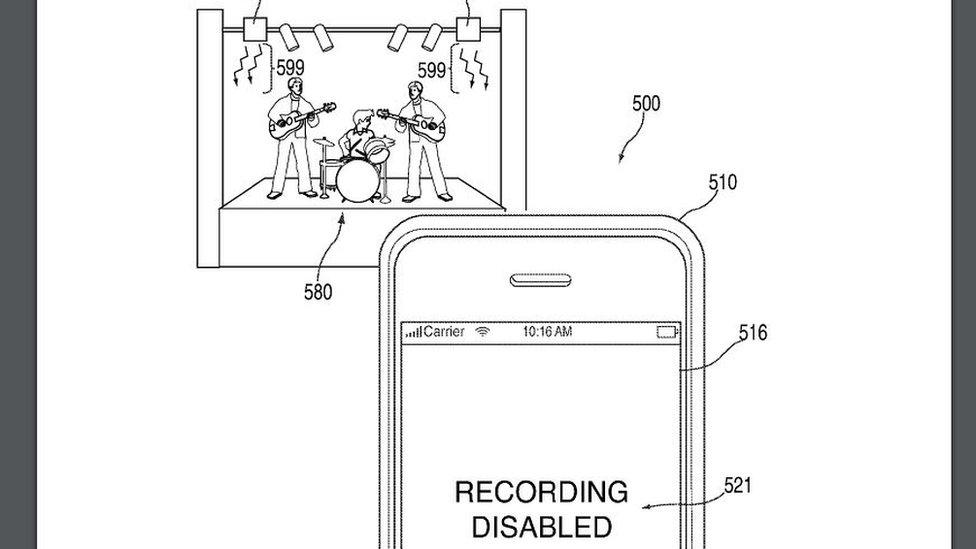 Apple patent drawing that depicts a concert and a disabled smartphone