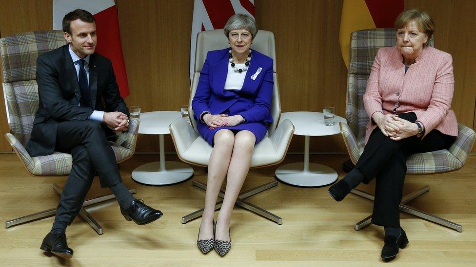 French President Emmanuel Macron, Britain's Prime Minister Theresa May and German Chancellor Angela Merkel